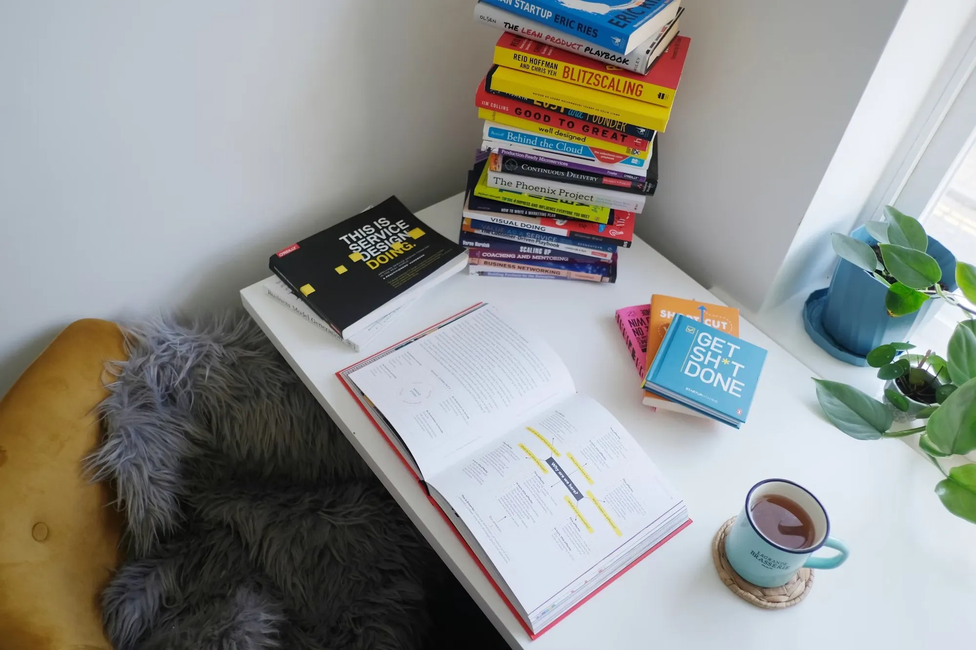 A white desk with a stack of business books, an open notebook and a cup of tea