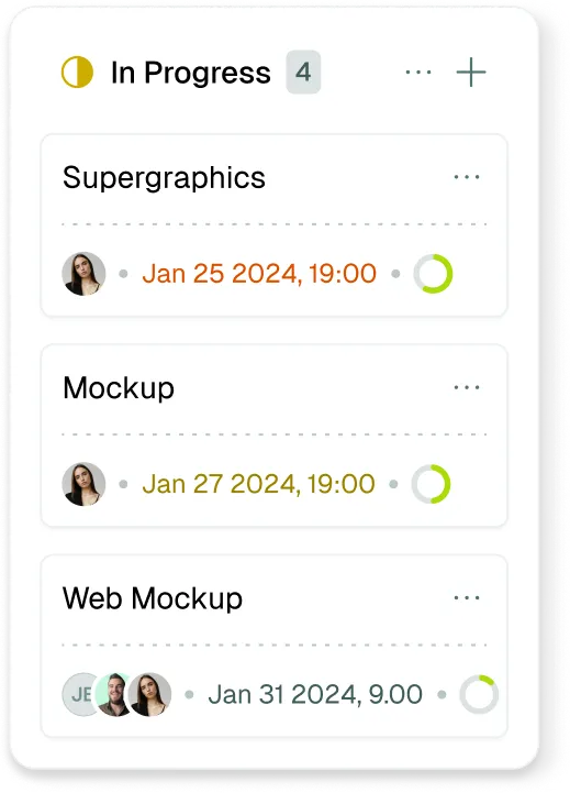 Kanban column “In Progress” with three tasks and their due dates