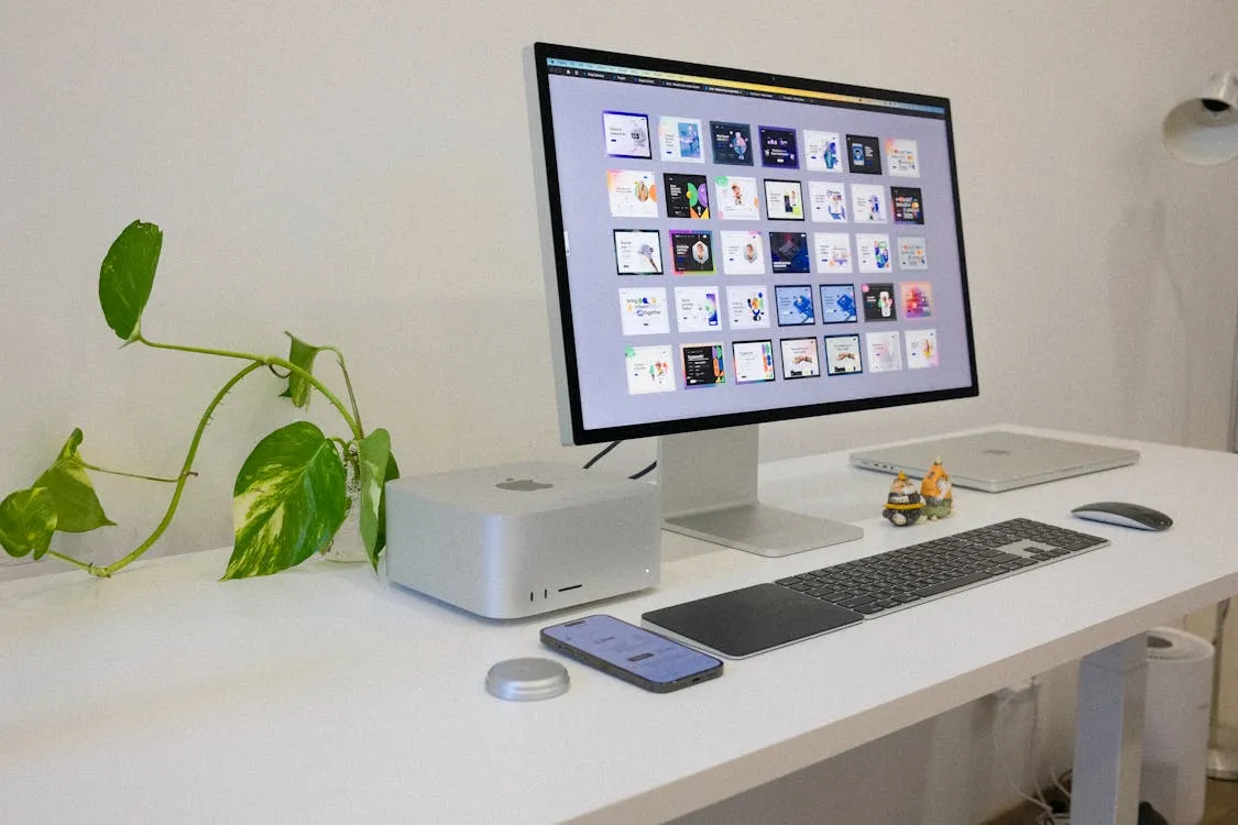 A tidy desk with a large monitor, keyboard and a plant