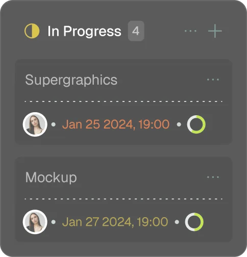Kanban column “In Progress” with two tasks and their due dates