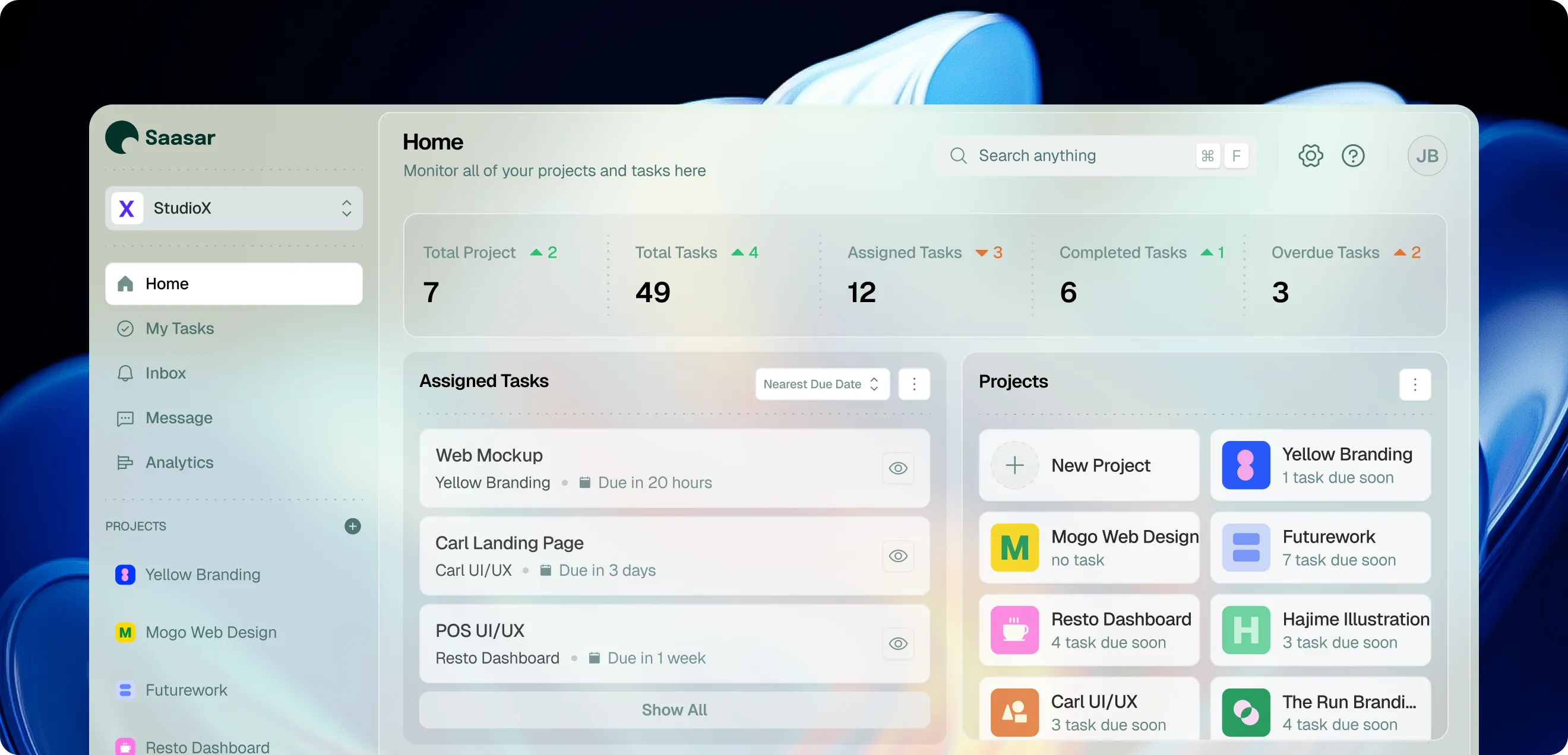 The Saasar dashboard with task stats, assigned tasks and projects, over a blue abstract background