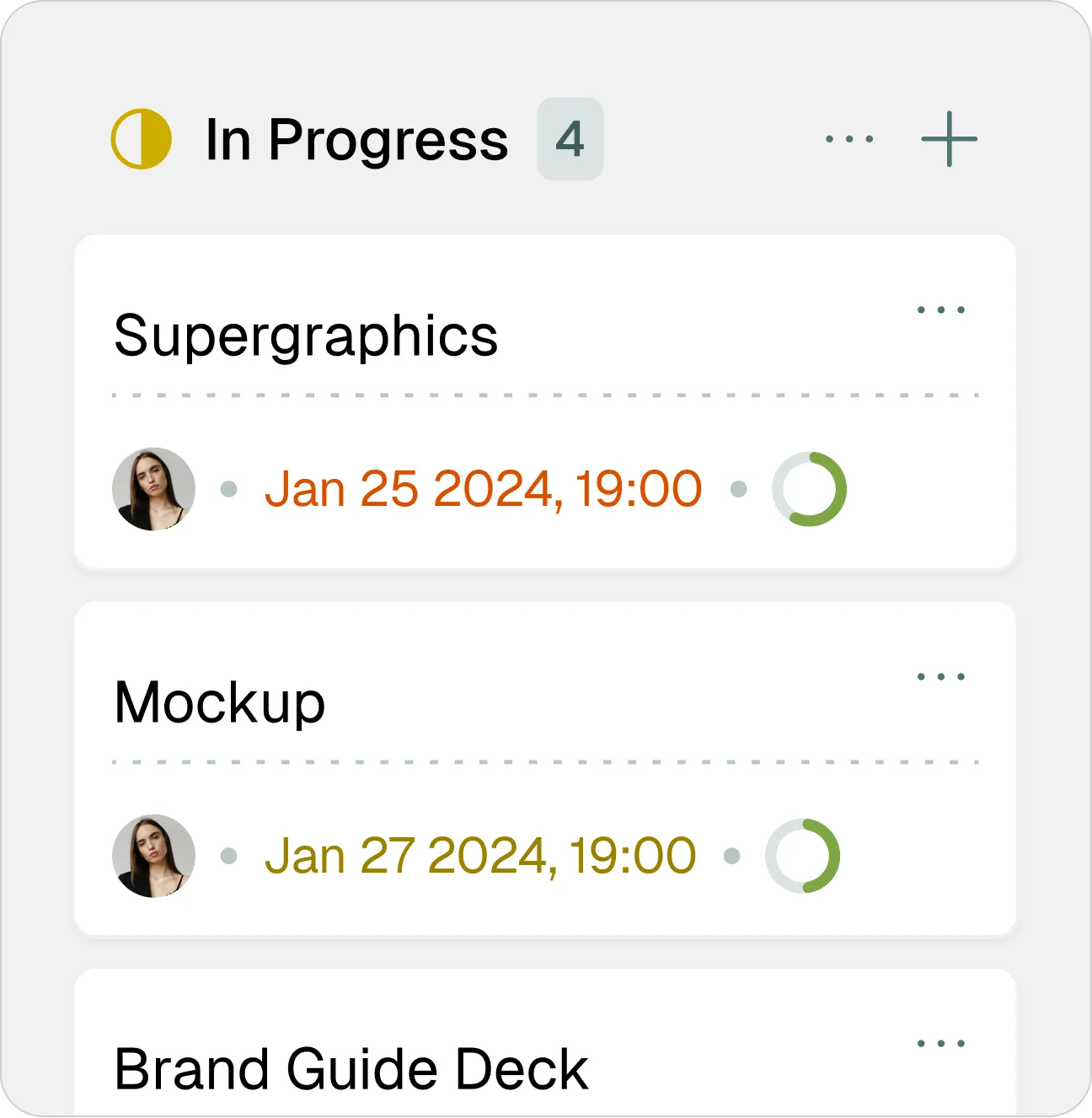 Kanban column “In Progress” with three task cards, due dates and progress rings