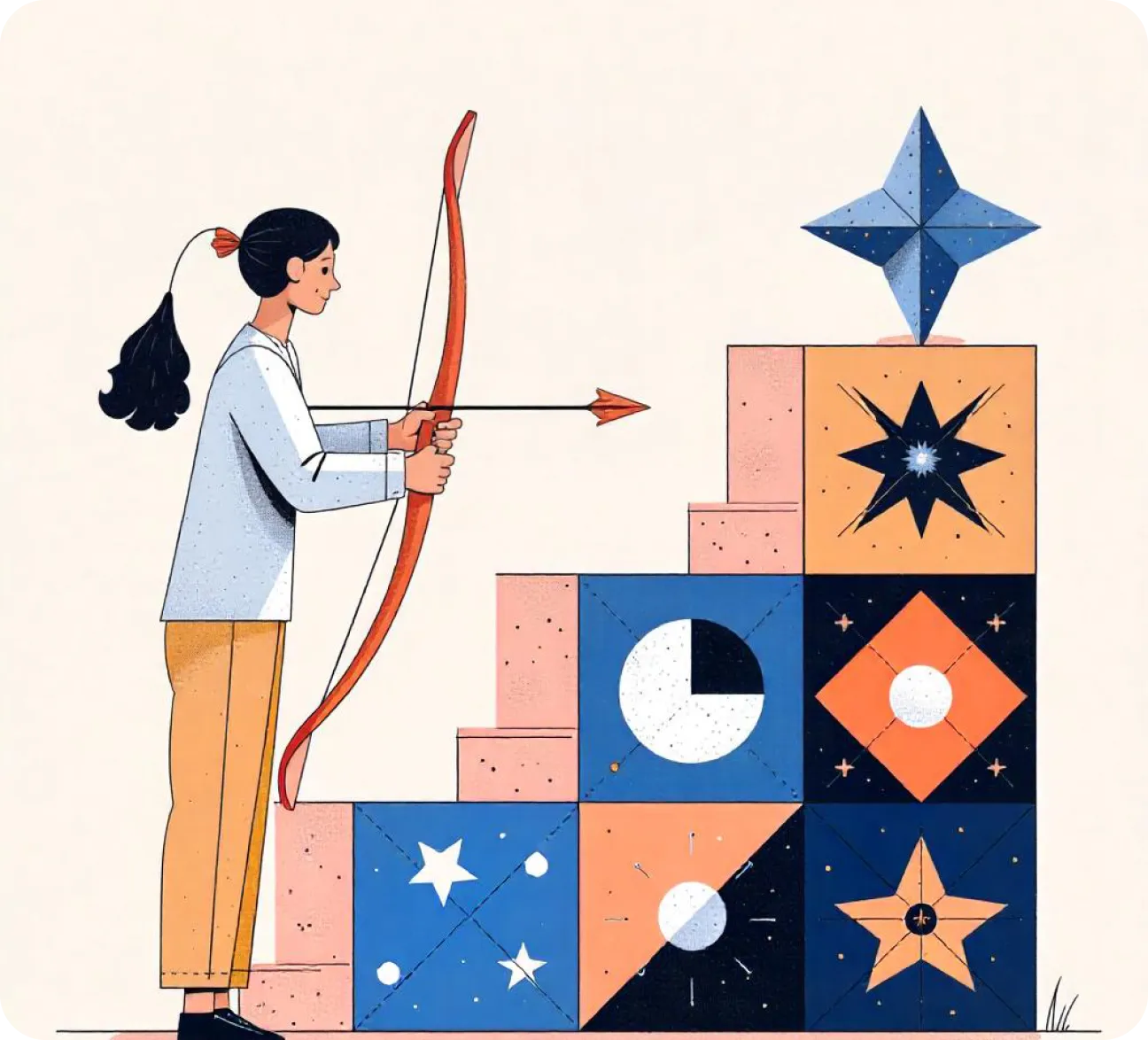 Illustration of a woman aiming a bow and arrow at a star on top of a staircase of patterned blocks