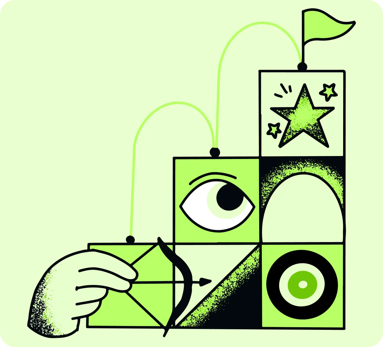 Illustration of a hand drawing a bow towards blocks with an eye, a target and a star